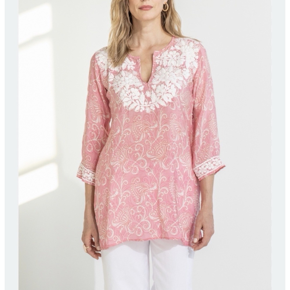 Amaya Petal Pink Silk Crepe Embroidered Top Tunic 44 L Vacation Resort 3/4 Sleev